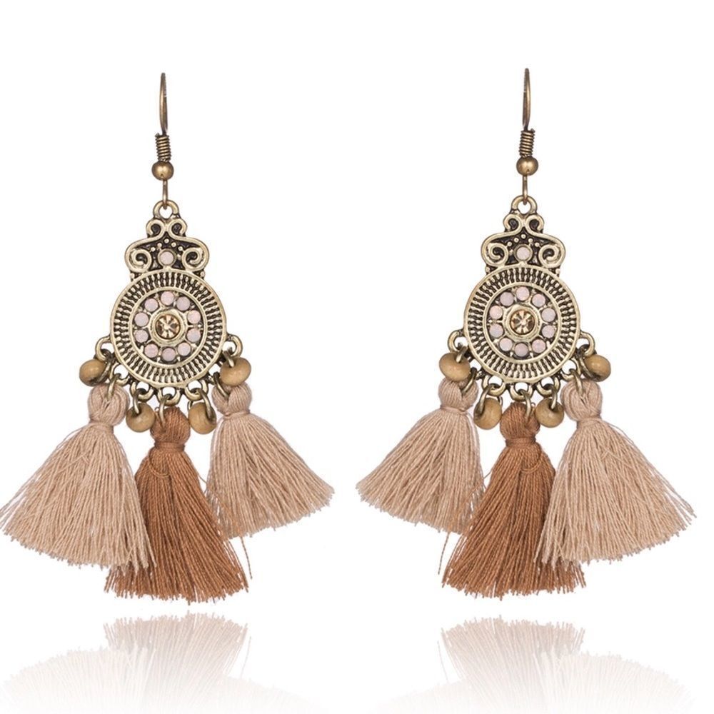 Boho Tan Brown Tassel Gold Tone Filigree Earrings NWT